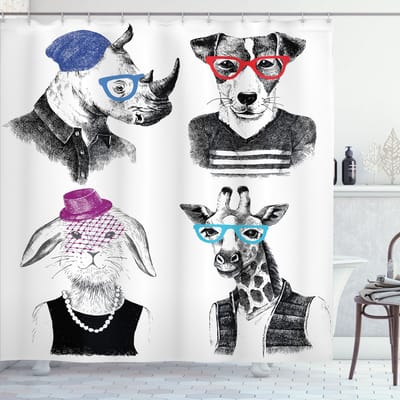 ABAKUHAUS Dieren-Douchegordijn – Hipster Dierenfiguren – 175x240 cm – Zwart