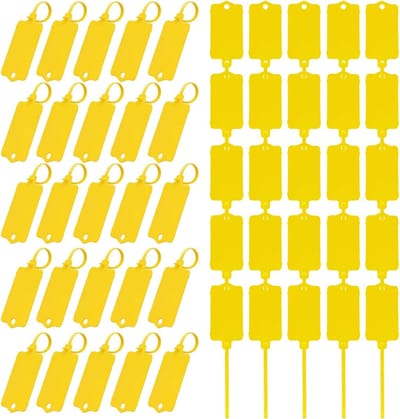 Plastic Labels met Kabelbinders - Waterdichte Herbruikbare Labels voor Tassen, Sleutelhangers en Opslag - Geel - 50 Stuks