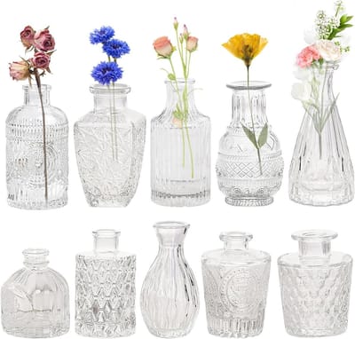 Kleine glazen vazen - Mini decoratie - Tafel versieren - Vintage gravure - 10 stuks - Transparant