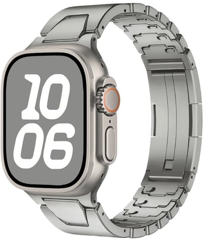 Stravo Titan Glow Metalen Horlogeband voor Apple Watch – 46mm (Series 10/11) / 45mm (Series 7/8/9) / 44mm (Series 4/5/6/SE) / 49mm (Ultra 1/2/3) – Luxe Bandje met Gereedschapsvrije Lengteverstelling – Titanium