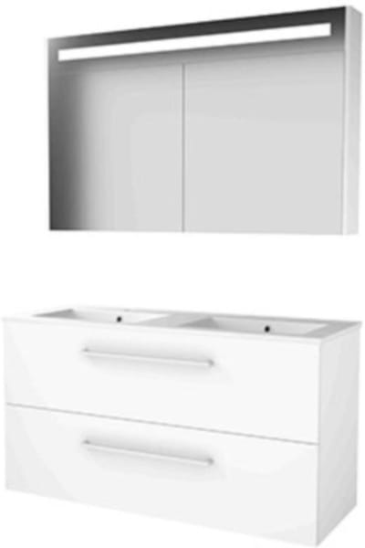 Basic-Line Premium 46 Badkamermeubelset - 120 x 46 cm - Met Grepen - 2 Lades - Keramische Wastafel - 2 Kraangaten - Spiegelkast met LED Verlichting - Ice White