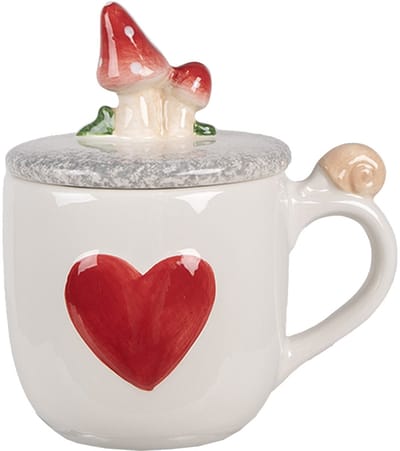 Clayre & Eef Mok set van 6 stuks 400 ml Wit Rood Keramiek Paddenstoelen Koffiemok