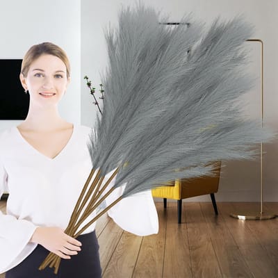 6 Stuks Kunstgras van Pampas 110 cm - Grote Fluffy Decoratie voor Bruiloft, Woonkamer en Slaapkamer in Boho Stijl (Grijs)