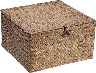 Zeegras opbergmand met deksel, geweven rieten bureaumand, rechthoekige opbergmand voor badkamer, woonkamer, decoratieve mand onder plank, multifunctionele opbergmand (33 x 33 x 18 cm)