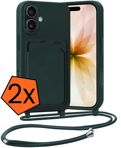 Hoesje Geschikt voor iPhone 17 Hoesje Met Telefoonketting Pasjeshouder Case Koord - Hoesje Geschikt voor iPhone 17 Hoes Met Kaarthouder - Donkergroen - 2 PACK