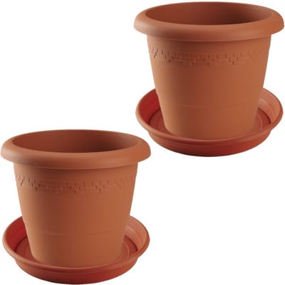 2x stuks bloempotten met onder opvangschaal in kleur terra cotta - rond diameter pot 40 cm - Plantenpotten/bakken