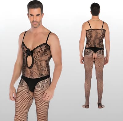 Heren Bodystocking Met Kant & Strik Design - Sexy Herenlingerie - One Size S-XL (46-52) | LS116