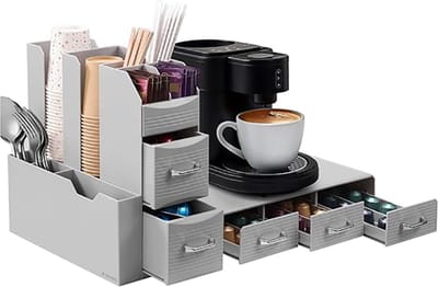 Famanu - Grijze koffie-organizer met 5 lades, multifunctionele houder voor koffiecapsules en accessoires
