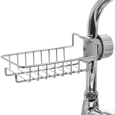 RVS Gootsteenopslaghouder met Haak voor Thuiskeuken en Badkamer - Opgeruimde Gootsteenorganizer - Sponshouder Zilverkleurig 11x22.5cm