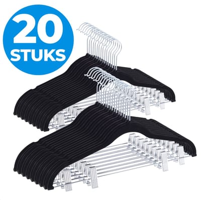 ACAZA Kledinghangers - Broekhangers - Broekhangers met Knijpers - 20 Stuks - Kleerhangers - Kledinghangers anti slip - Kledinghangers Zwart - Fluweel / Velvet - Broekhanger - Kleerhangers broeken - Kledinghangers met Knijpers