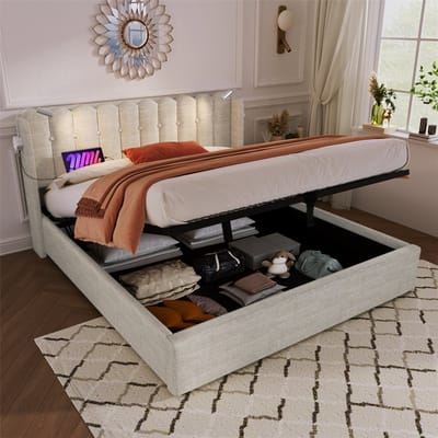 YEHTOKHOME Gestoffeerd bed Tweepersoonsbed 140x200 cm met opbergruimte - USB oplaadfunctie - Leselicht - Lattenbodem - Natuurlijk linnen - Zonder matras