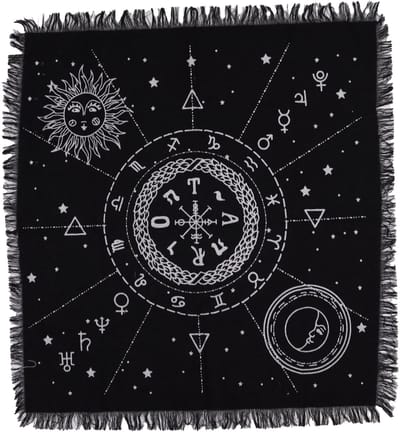 Esoterisch Altaardoek met Franjes | Maan & Zon Kaart | Altaarkleed Maan & Zon Kaart Elementen Magie Zwart | Tarotkleed Orakelkleed | Spirituele Artikelen | Afmetingen: 50x50cm