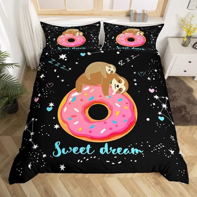 Schattige Luiaard Dekbedovertrek Waterverf Bloemen Beddengoed Set Lief Jungle Dier Dekbedovertrek Twin King Kawaii Luiaard Bedsprei Overtrek AU Queen(210*210cm)3pcs