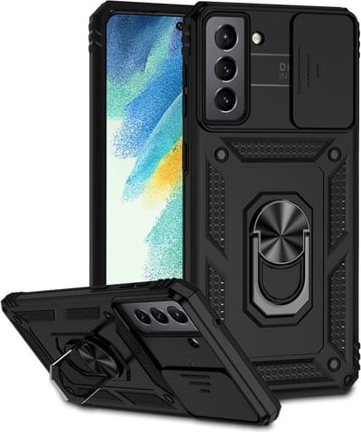 Coverup Hoesje - Geschikt voor Samsung Galaxy S21 FE Hoesje - Coverup Armor Ring Kickstand Back Cover met Camera Shield - Zwart