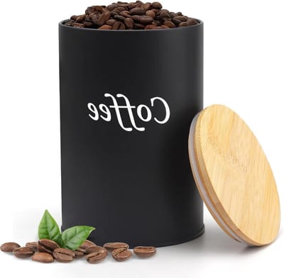 Airtight Koffietin 500ml - Koffiebonenhouder met Houten Deksel, Zwart, Ideaal voor Versheid en Bewaring van Koffie