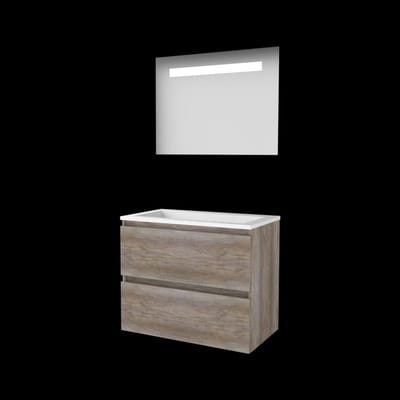 Basic-Line Economic 46 Badkamermeubelset - 80 x 46 cm - Greeploos - 2 Lades - Acryl Wastafel - 1 Kraangat - Spiegel met LED Verlichting - Scotch Oak