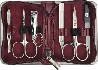 6-delige manicure set met accessoires in wijnrood kunstleer etui