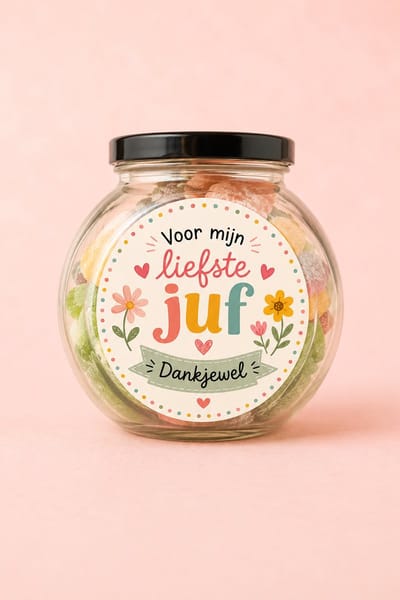 STREECK - De liefste JUF bedankt – Snoeppot 275g Zuurtjesmix – Origineel Bedankje voor Juf – Cadeau Einde Schooljaar