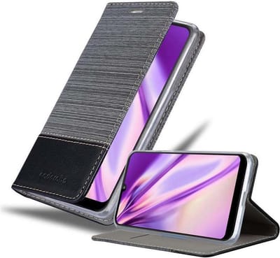Cadorabo Hoesje geschikt voor Motorola MOTO E6 PLUS in GRIJS ZWART - Beschermhoes met magnetische sluiting, standfunctie en kaartvakje Book Case Cover Etui