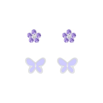 zilveren vlinder bloemen oorstekers setje | Oorbellen meisje | Kinderoorbellen meisje zilver | kindersieraden meisje sets zilver | Zilverana