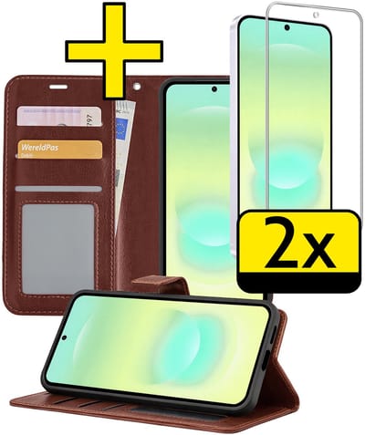 Hoesje - Met 2x Screenprotector - Geschikt voor Samsung Galaxy A37 - Luxe Pasjeshouder - Bookcase Portemonee - Flip Case - Kunstleer Book Case - Flipcase Hoes - Book Cover - Walletcase - Portemonneehoes - Telefoonhoesjes - Bruin