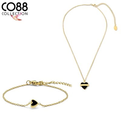 CO88 Collection 8CO-SET105 Stalen Sieraden Set - Dames - Armband 16,5 + 3 cm - Ketting - 38 + 7 cm - Hartje - Zwart - Staal - Goudkleurig