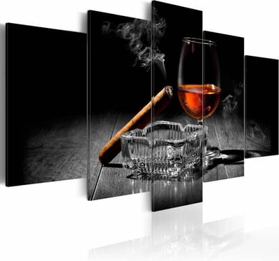 Schilderij - Nachtelijke Entertainment: Whiskey en Sigaar , bruin , 5 luik