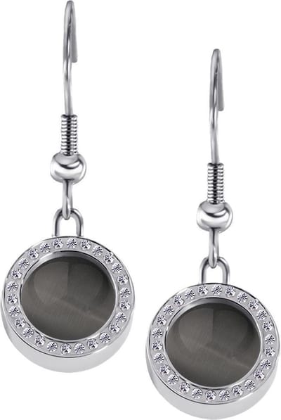 Quiges RVS Schroefsysteem Oorhangers Oorbellen Zilverkleurig met Zirkonia en Verwisselbare Grijze Cat's Eye Mini Munt Set - ECOS174