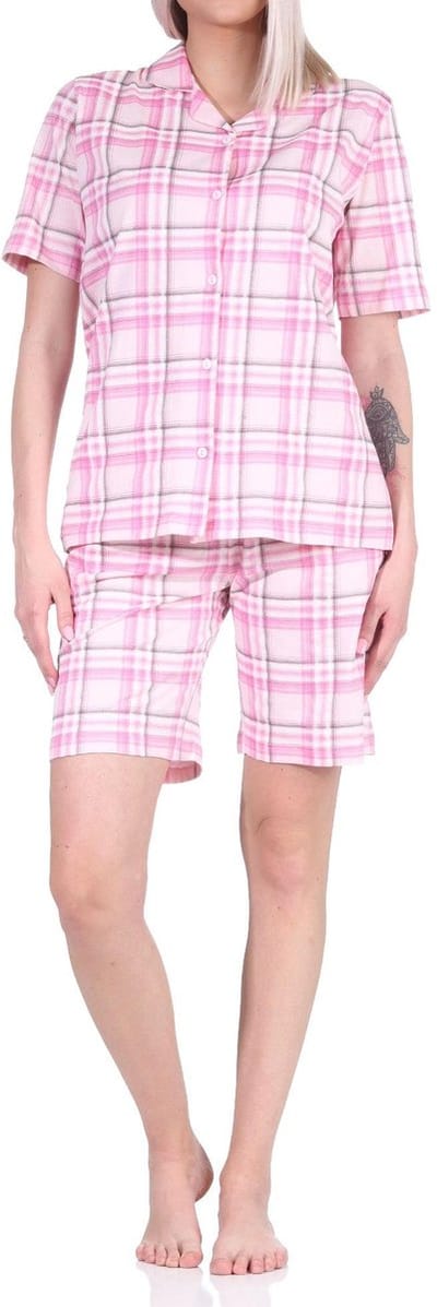Dames jersey pyjama shorty met doorknoop in ruitjesoptiek - ook verkrijgbaar in oversize