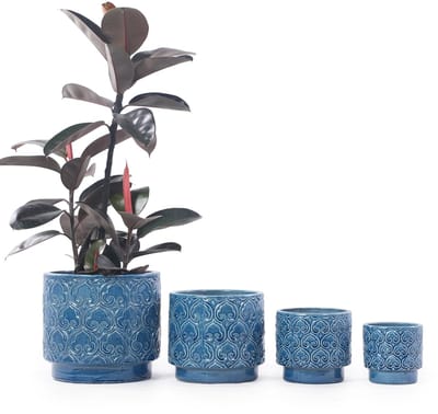 Keramische Plantenpot - Grote Bloempot - Blauwe Plantenbak - Vorstbestendig - Handgemaakt - Ademend - Tuin - 38 cm - Blauw