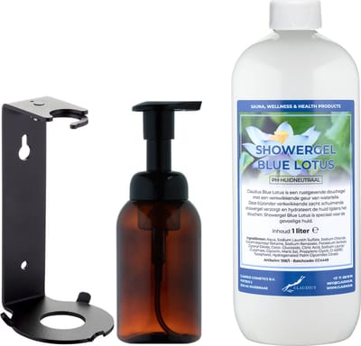 Zeepdispenser 300 ml amber bruin hervulbaar + 1 liter Showergel Blue Lotus navulling (inclusief beugel)