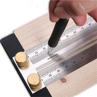 Nauwkeurige T-Rule RVS Markeerliniaal voor Houtbewerking, T-Square Gereedschap met Mechanische Potlood en Positionerings Gauge voor Precisie en Scribble (120mm)