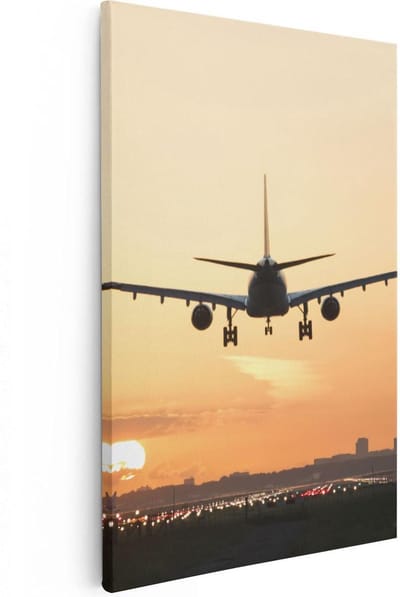 Artaza Canvas Schilderij Zonsondergang - 20x30 cm - Klein - Wanddecoratie Vliegtuig - Muurdecoratie Luchthaven - Kamer Accessoires