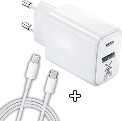 Dutch Quality® USB C Adapter - Oplader - Snellader Stekker - 20W - Incl. kabel geschikt Voor Apple iPhone 14/13/12/10 – Oplaadblok USB - Wit - inclusief oplader kabel 1 meter van USB-C naar lightning