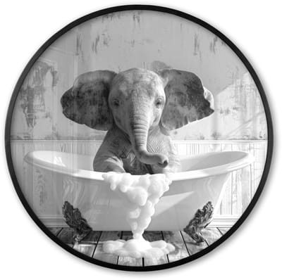 Poster in lijst Rond - Fotolijst 60x60 cm - Posters - Olifant - Vintage - Dieren - Zwart - Wit - Ronde posterlijst zwart - Decoratie - Wanddecoratie woonkamer - Muurdecoratie slaapkamer