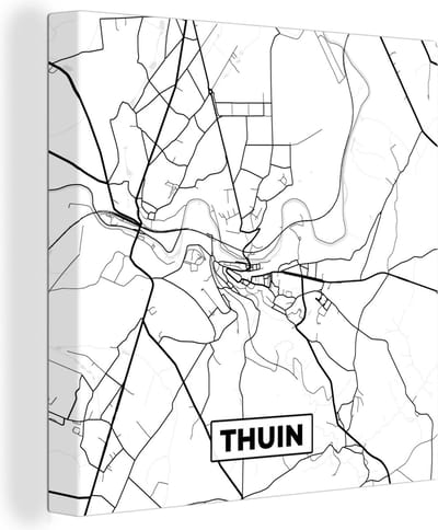 Canvas Schilderij Stadskaart – Plattegrond – België – Zwart Wit – Thuin – Kaart - 20x20 cm - Wanddecoratie