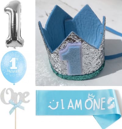 10-delige cakesmash set blauw met zilver en wit - eerste - 1 - verjaardag - hoed - cakesmash - sjerp - ballon - kinderfeest