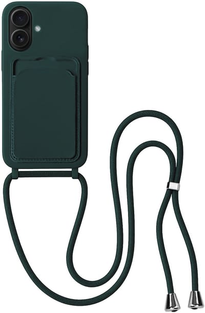 Hoes Geschikt voor iPhone 16 Plus Hoesje Pas Houder Case Hoes Met Koord - Hoesje Geschikt voor iPhone 16 Plus Hoes Met Telefoonkoord Pasjeshouder Cover - Donkergroen