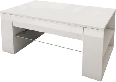 ML-Design Salontafel in Hoogglans Wit, Ruime Salontafel met Glazen Planchet en 4 vakken aan de Zijkanten, 100x42x60 cm, Moderne Sofatafel met Opbergruimte, Houten Bijzettafel, Woonkamer Salontafel