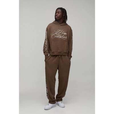 Oversized Boxy Trainingspak Met Gewassen Loopback Stof, Capuchon En Opschrift | Brown | Size XS