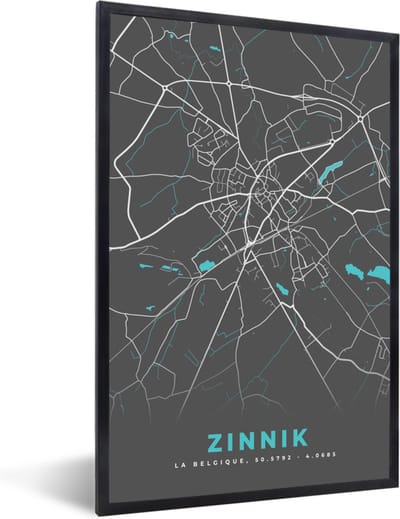 Fotolijst incl. Poster - België – Zinnik – Stadskaart – Kaart – Blauw – Plattegrond - 40x60 cm - Posterlijst