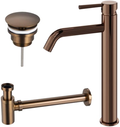 FugaFlow Eccelente Acces Wastafelkraanset - verhoogde wastafelkraan - always open plug - verlaagde design sifon - Geborsteld koper PVD (Koper)