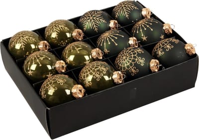 Othmar Decorations Luxe kerstballen - gedecoreerd - 12x - donkergroen - D7,5 cm - glas - kerstversiering