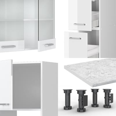 Vicco R-Line Complete keukeneenheid – 350 cm met hoge kast, met marmeren werkblad Wit hoogglans/wit