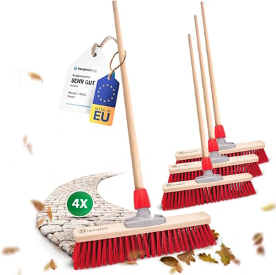 4x Straatbezems 40 cm met houten steel I Elaston rood I Bezem voor buiten I Industriële bezem Tuinbezem met steel Sneeuwbezem Universele bezem Stalbezem Winterbezem
