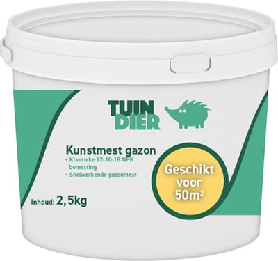 Kunstmest gazon | TUIN-DIER® | Kunstmest 12-10-18 | Kunstmest gras | Mest tuin | Snelwerkende meststof | In handige bewaaremmer | 2.500 gram | 2,5 kilogram