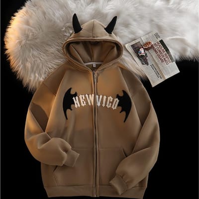 Vrouwen Retro Duivel Hoorns Hoodie Y2K Oversize Zip Brief Borduren Sweatshirts Harajuk High Street Lange Mouw Capuchon Tops XL koffie