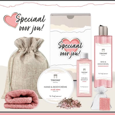 Geschenkset “Speciaal Voor Jou!” - 6 producten - 680 gram - Triomf Cosmetica | Giftset voor haar Verjaardag Cadeau Valentijnsdag Valentijn Luxe wellness cadeaubox Vriendin Vrouw Meisje Cadeaupakket Liefde Geschenk Pakket Douchegel Gift Set Roze