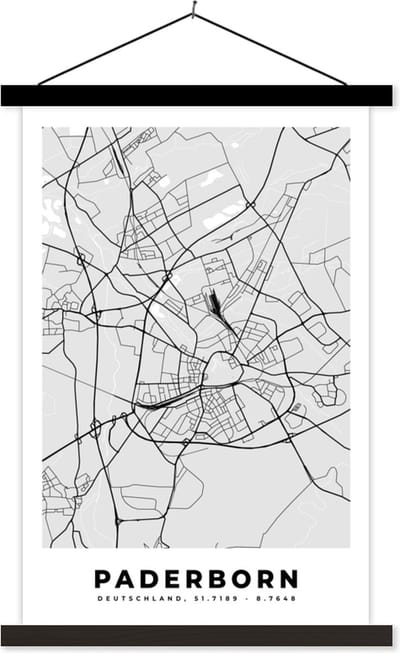 Posterhanger incl. Poster 40x60 cm - Schoolplaat - Kaart - Paderborn - Duitsland - Stadskaart - Plattegrond - Textielposter - Zwarte latten - Stadskaart