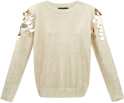 Opvallende Metalen Vezel Dames Trui met Sculpturale Details - Goud - Maat L/XL